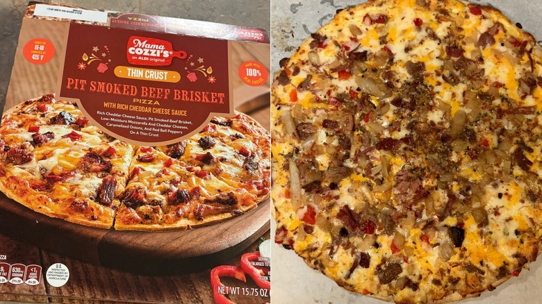 A split view of a Mama Cozzi's Thin Crust Pit Smoked Beef Brisket Pizza box next to a fully cooked pizza