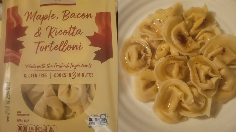 A split-screen view of a package of Priano Maple, Bacon & Ricotta Tortelloni next to a plate of the pasta