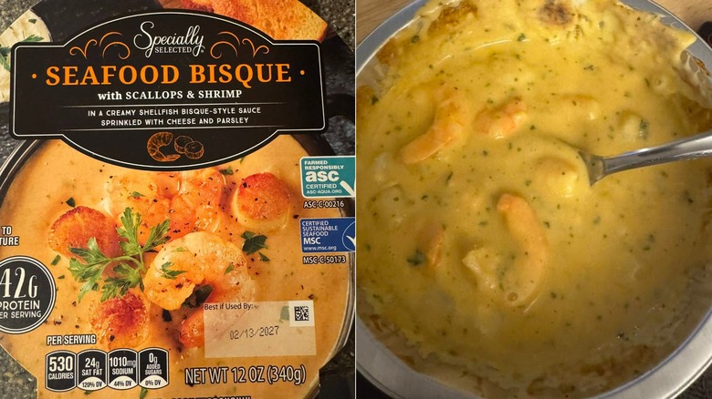 A split screen view of a package of Specially Selected Seafood Bisque next to a bowl of the heated soup