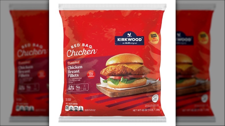 48 oz red bag of Aldi brand Kirkwood Breaded Chicken Fillets