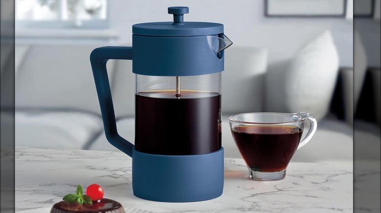 Crofton French Press in blue color with glass coffee mug.