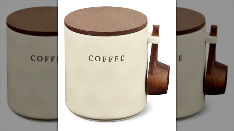 Crofton Stoneware Coffee Canister with wood spoon.