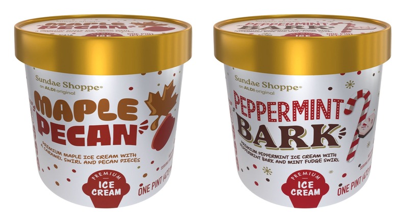 Pints of Sundae Shoppe maple pecan and peppermint bark ice cream from Aldi