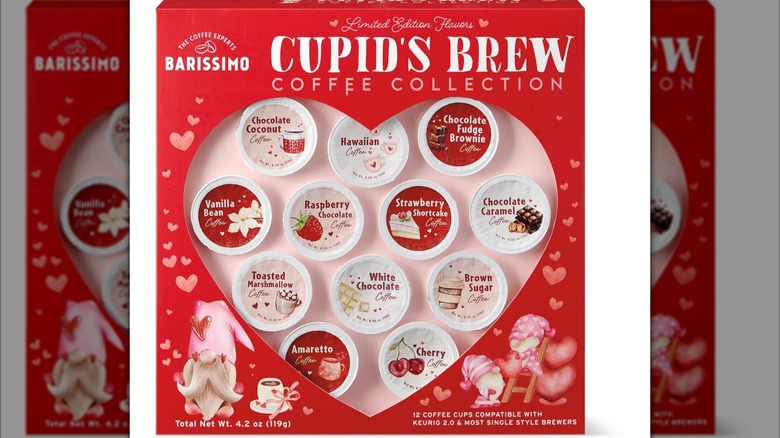 Valentine's day themed selection of coffee pods in a heart-shaped box