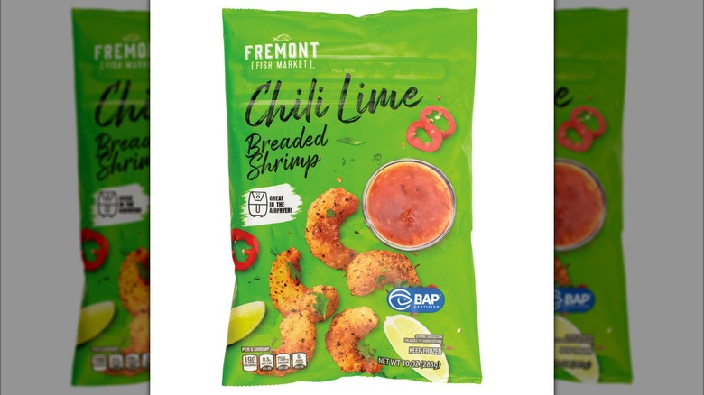 Green bag of frozen chili lime breaded shrimp