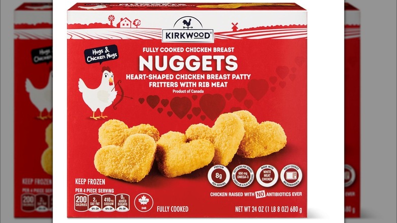 Red box with heart-shaped chicken nuggets on the front