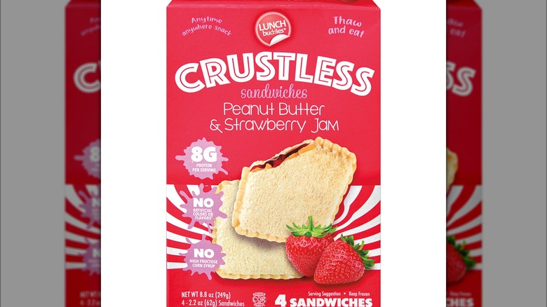 Pink package of crustless sandwiches with peanut butter and jam filling