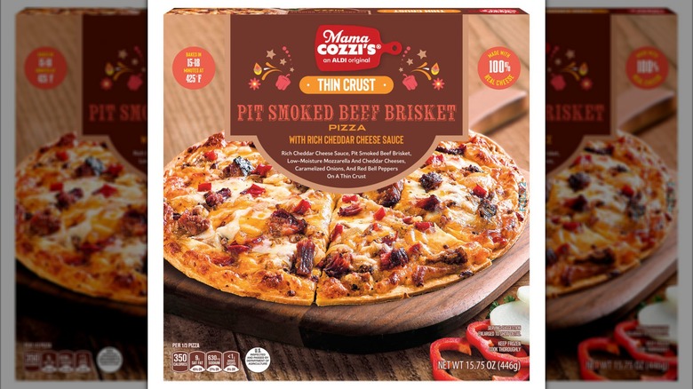 Box of frozen pizza with thin crust and meaty toppings