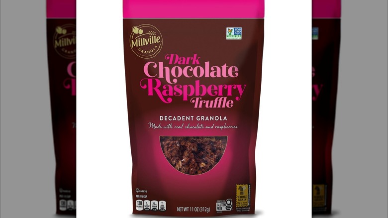 Pink and brown package of chocolate raspberry truffle granola