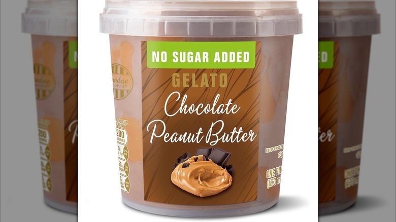 A tub of chocolate peanut butter ice cream with no sugar added