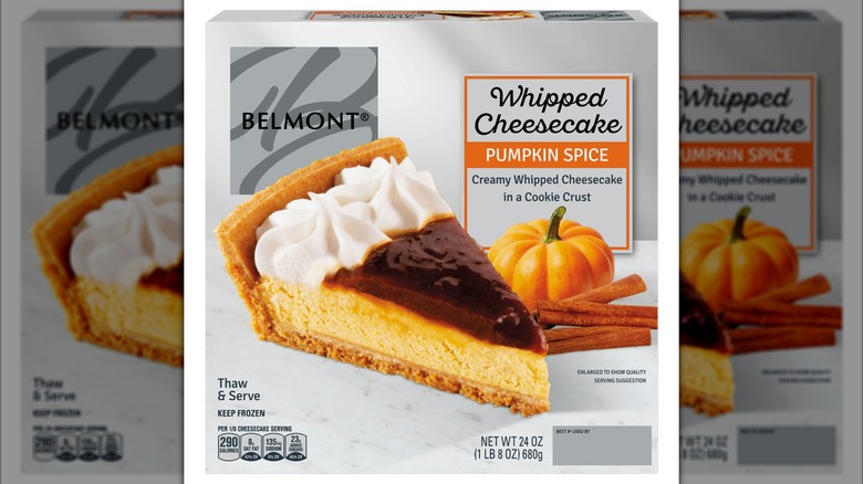 An image of a slice of pumpkin cheesecake on a gray package