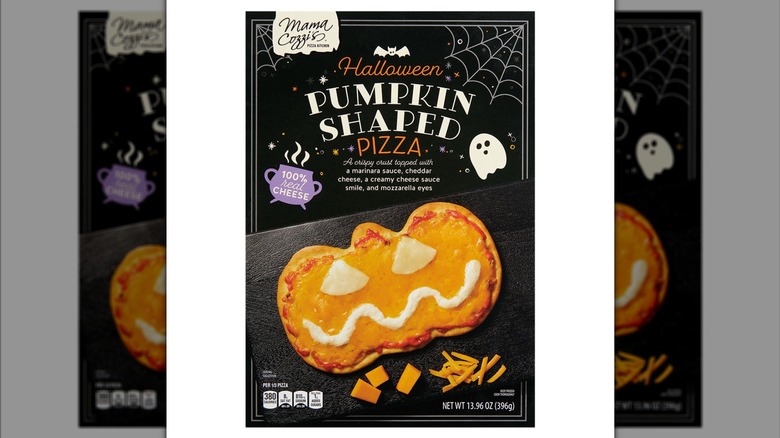 Black package with pumpkin-shaped pizza on the front