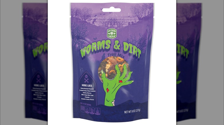 Creepy Halloween-themed purple and green package of trail mix
