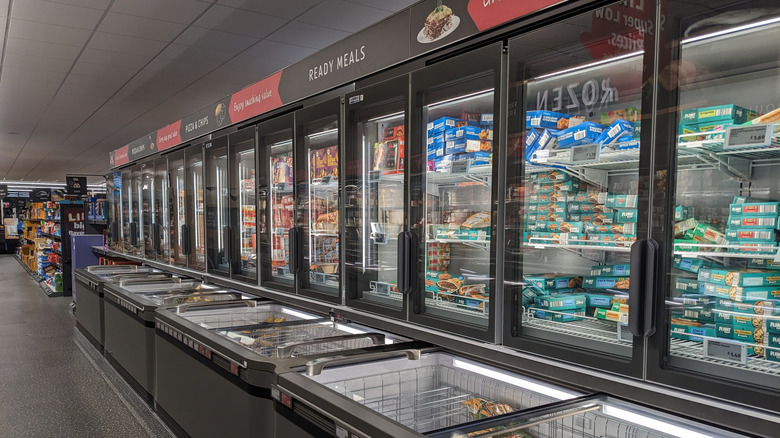 The frozen meal section in an Aldi store