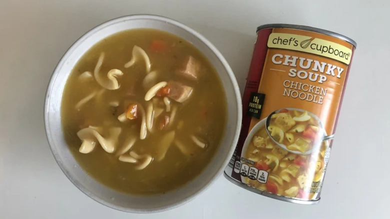 Overhead view of Aldi Chunky Chicken Noodle Soup