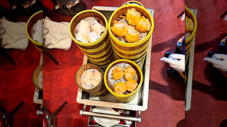 a cart of dim sum baskets at Jing Fong in New York City