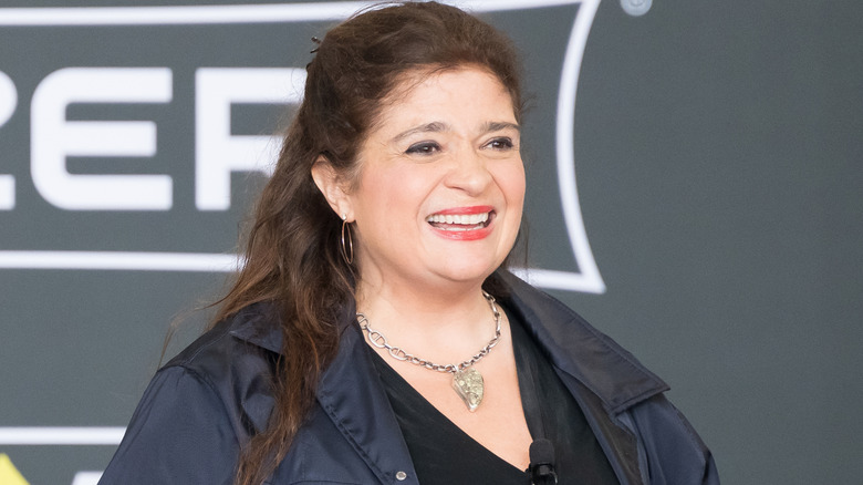 Close up of Alex Guarnaschelli on stage smiling