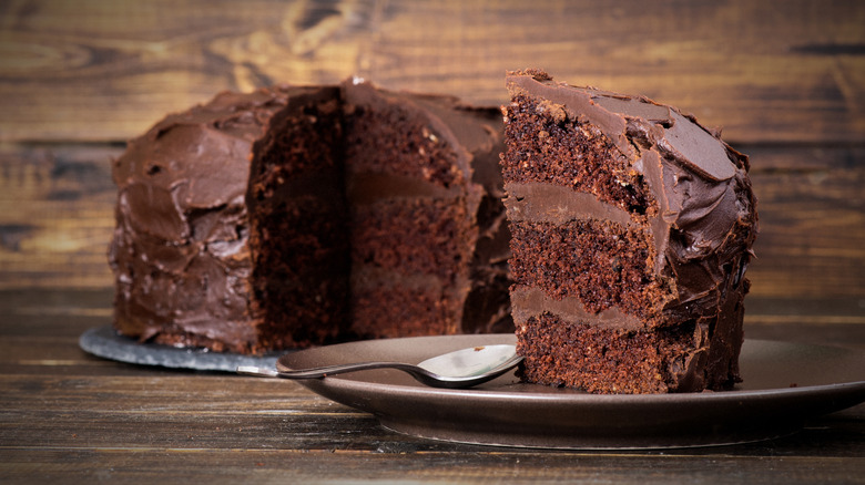 Closeup view of rich, chocolaty devil's food cake on a plate