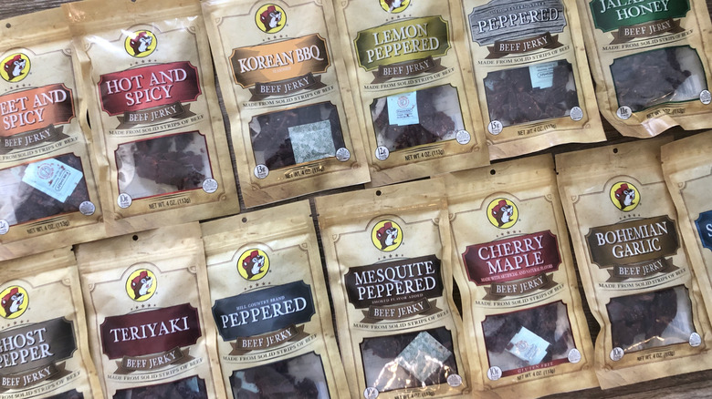 13 different Buc-ee's beef jerky flavors.