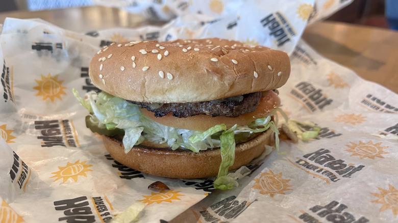 Charburger on paper wrapper