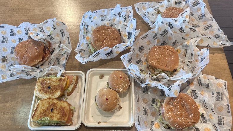 Top view of seven burgers