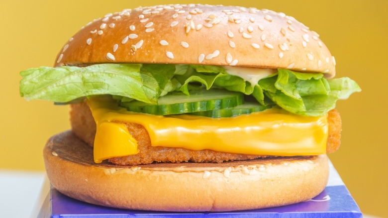 A McDonald's Filet-O-Fish sandwich served in a Belgium McDonald's restaurant