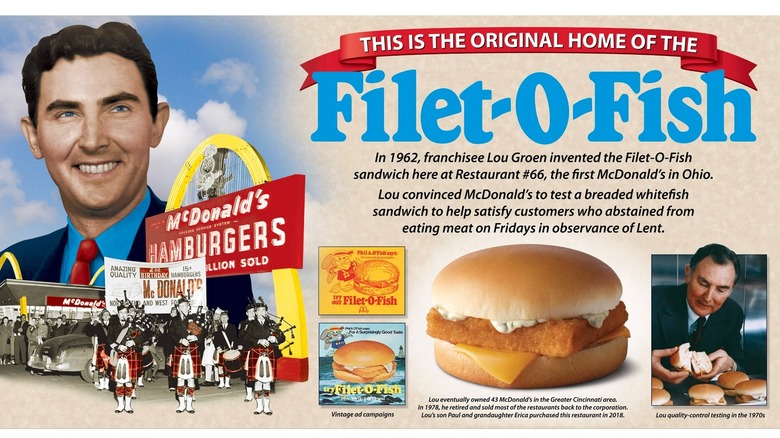 A banner dedicated to Lou Groen, displayed at the Monfort Heights, Ohio, McDonald's he opened