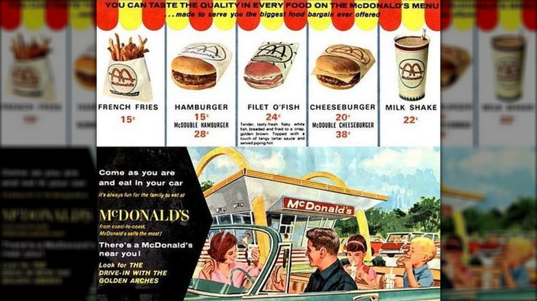 An advertisement for McDonald's featuring its 1965 menu with prices
