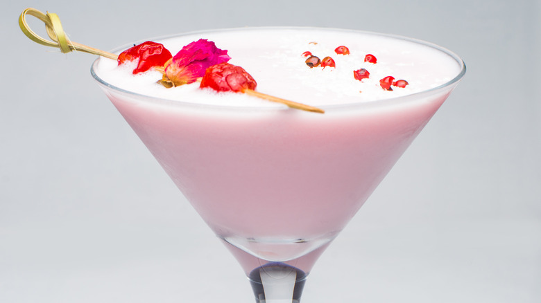 Close-up of a Pink Squirrel cocktail on a white background