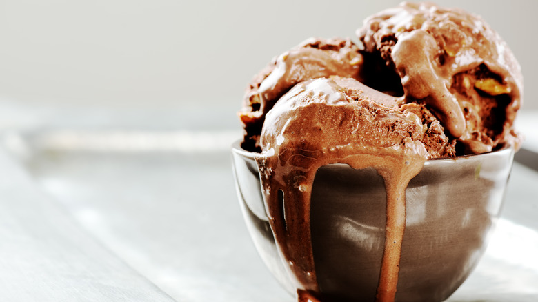 Chocolate ice cream melting in bowl 