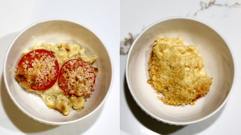 Bowl of Ina Garten's mac and cheese and bowl of Alton Brown's mac and cheese