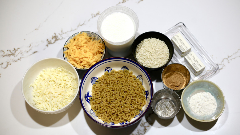 Alton Brown mac and cheese ingredients on table