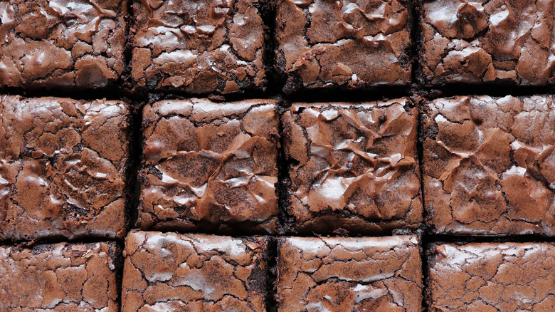 A tray of chocolate brownies cut into squares