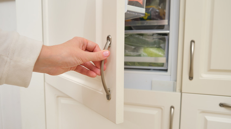 Hand opening fridge door