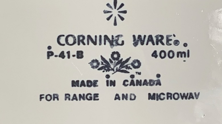 Backstamp of CorningWare dish stating "for range and microwave"