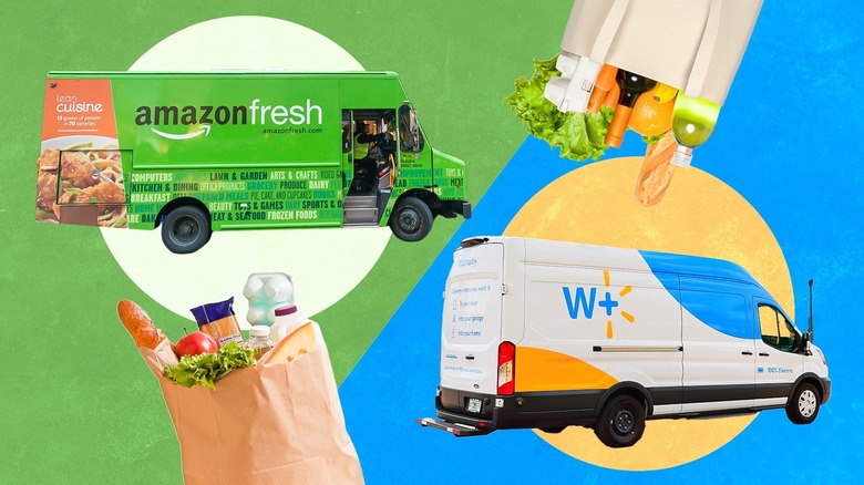 Amazon Fresh truck and Walmart Plus truck with two bags of groceries atop a colorful graphic