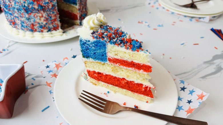 American flag cake slice on plate