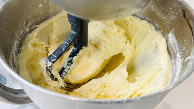 Cream cheese frosting in stand mixer bowl