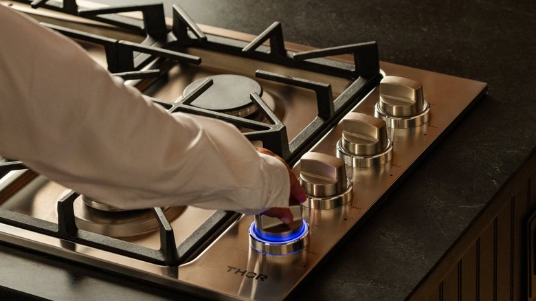 Hand turning dial on Thor Kitchen gas burner