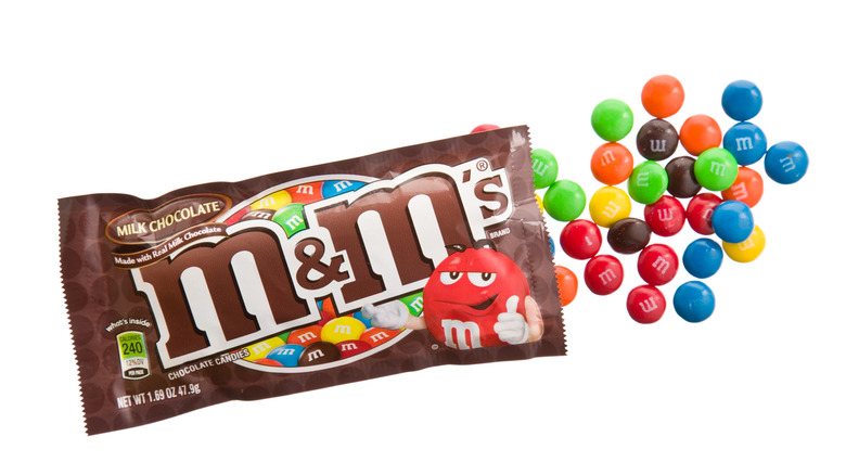 Open bag of M&M candies
