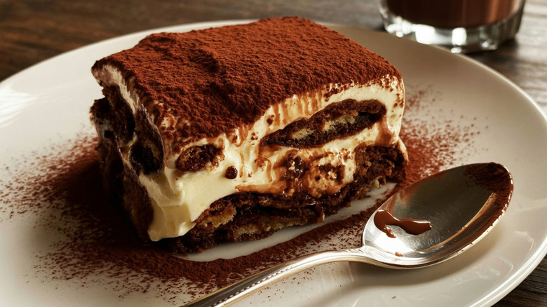 Close-up of a slice of traditional Italian tiramisu.
