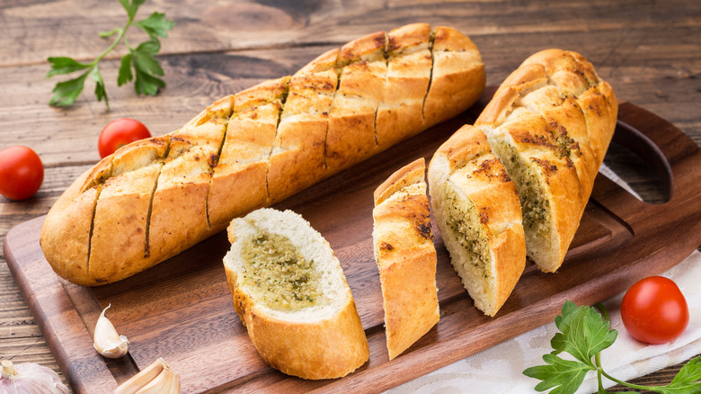 loaf of garlic bread sliced in half