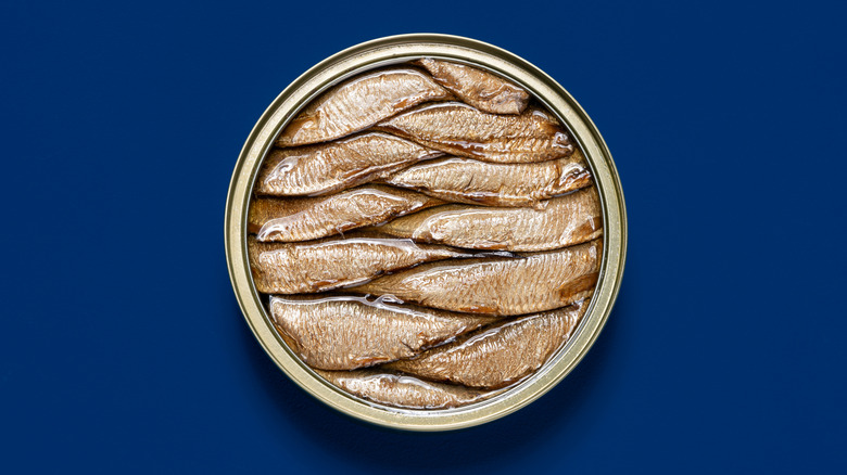 Aerial view of whole tinned fish filets