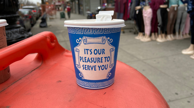 A NYC coffee served in a Greek cup.