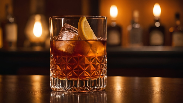 A Sazerac in a rocks glass with an orange garnish.