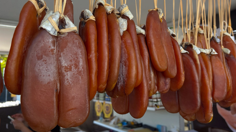 Sardinian bottarga hanging to cure