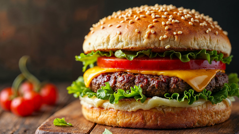 Closeup of burger with sliced tomato on a cutting board