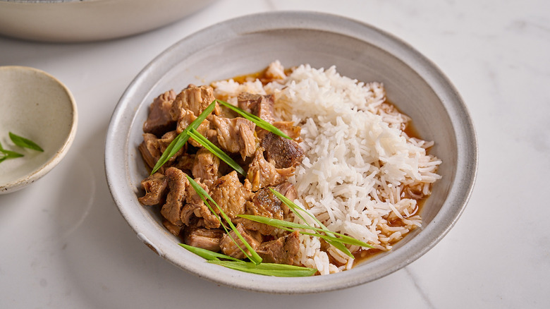 pulled pork in a bowl with rice