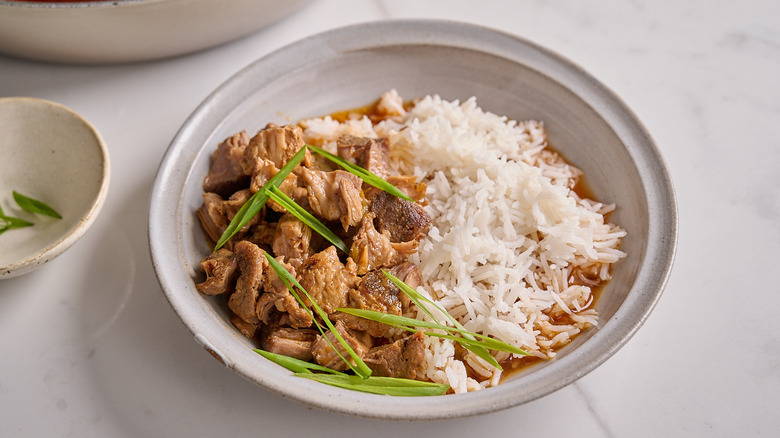 pulled pork in a bowl with rice