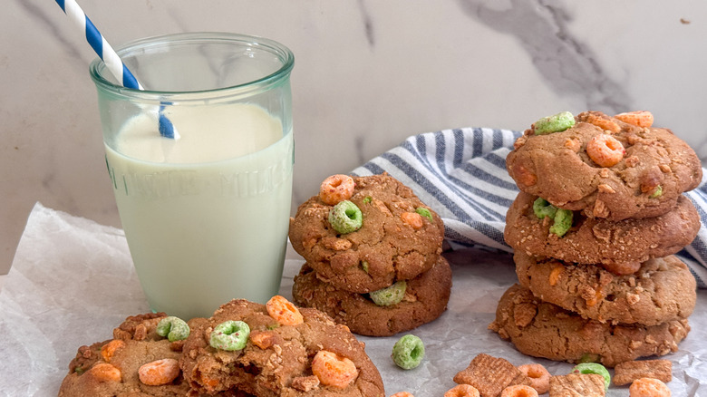 stacked cookies and milk